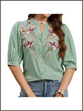 Boho Floral Butterfly Embroidered Puff Sleeve Button Down Blouse